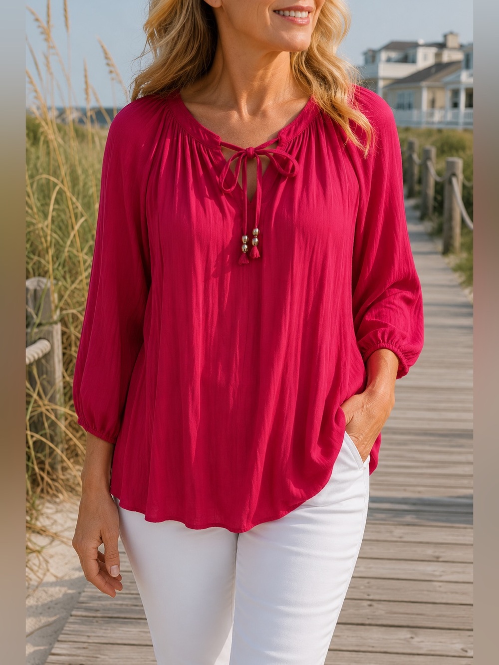 Chico's Summerberry Tie Neck Blouse Womens Size 00 XS Berry 3/4 Raglan Sleeve